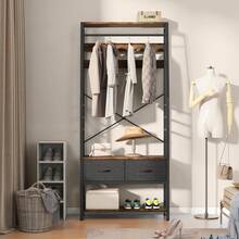Garderobenregal, 6-in-1-Garderobenständer mit 2 Schubladen, Standgarderobe mit Schuhablage, 8 Haken -von GeoTower- - Rostbraun - Übersicht 2