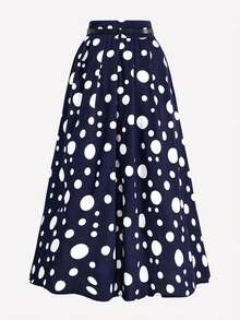 Women's High Waist Pleated Printed Skirt - Navy Blue - View 2