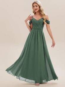 EVERPRETTY Elegant Solid Color V-Neck Ruched Pleated Applique Green Bridesmaid Dress, Suitable For Weddings, Birthdays, Formal Events, Parties And More - Olive Green - View 3