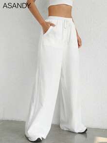 2pcs Set Casual Wide Leg Pants, Loose Drawstring Waist Solid Color Long Trousers - White+Gray - View 6
