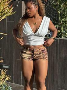 Tyla Gomez Shorts vaqueros de mujer de talle bajo con estampado de leopardo y floral, estilo de moda callejera, verano Y2K - Multicolor - Ver 6