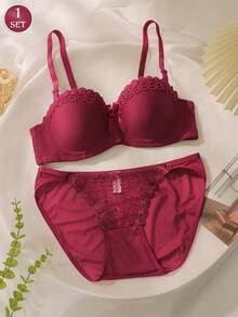 Damen Unterwäsche-Set mit bestickter Schleife, BH mit Bügel und Slip - Bordeaux - Übersicht 6