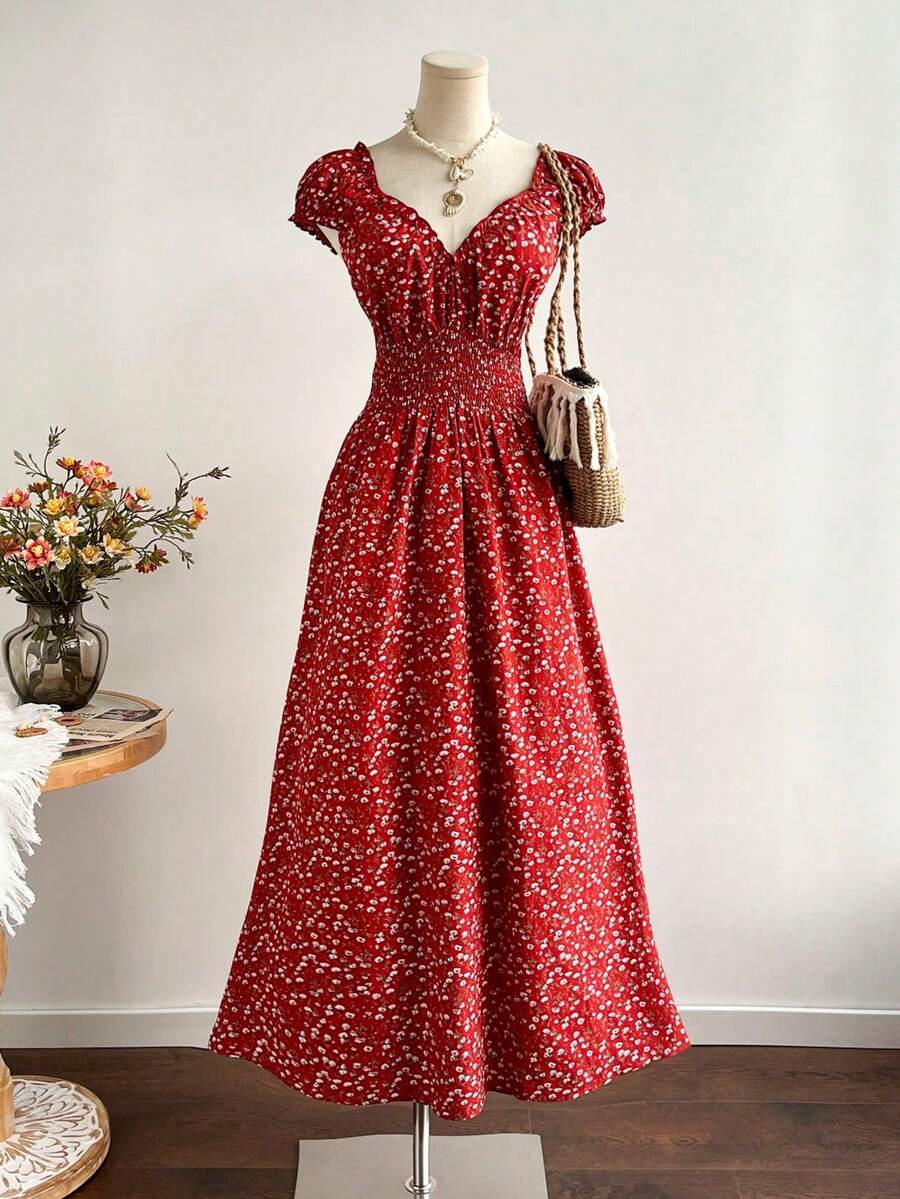 Rusttydustty 波西米亚风女士V领荷叶边下摆红色碎花连衣裙，适合新年、情人节、夏季度假等场合，优雅时尚。 - 紅色 - 查看 1