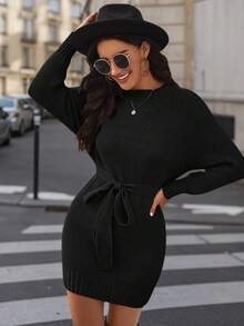 Women's Solid Color Round Neck Raglan Sleeve Casual Sweater Dress, Autumn/Winter - Black - View 8