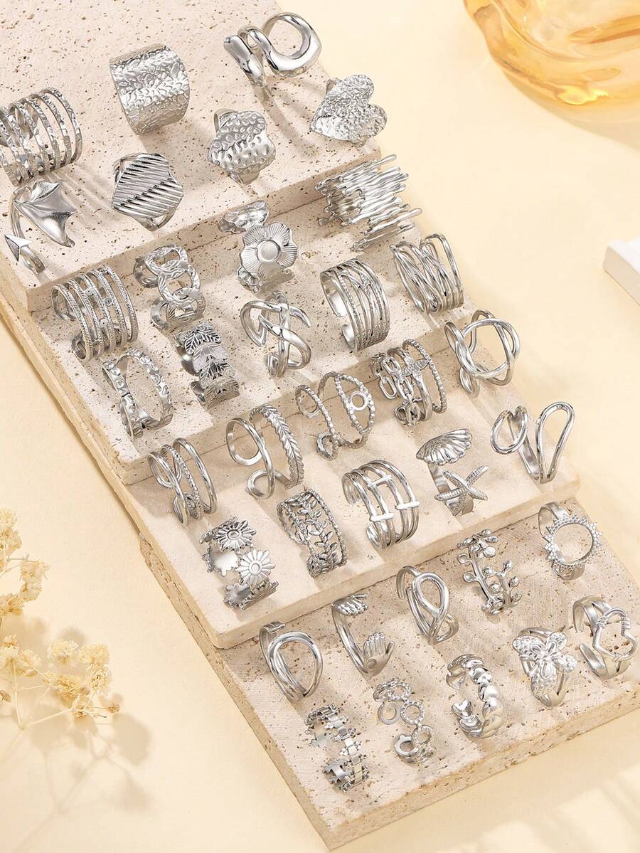 24pcs Stainless Steel Fashion Retro Golden Oil Pressure Ring Mixed Styles, Ring Styles Are Random, Finger Size Is One Size, Suitable For Women's Daily Dress Or Gift - Silver - View 1