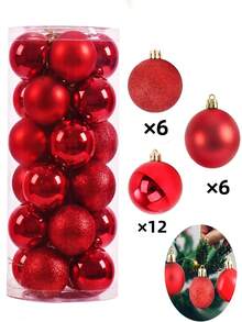 24pcs/ Red Christmas Ornaments Set - Shatterproof Christmas Tree Balls - 3 Styles, 3 Sizes With Hanging Loops And Hanging Rope To Decorate Christmas Tree - Ideal For Indoor And Outdoor Holiday Decor
