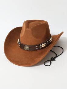 1 pieza Sombrero de ala ancha de tela de alta calidad con decoración de cadena con cabeza de toro para mujer, sombrero vaquero minimalista de moda todo a juego, sombrero de jazz adecuado para fiesta, evento con tema occidental, reunión, cosplay, ceremonia de graduación, baile de máscaras, vacaciones, celebración de cumpleaños, festival de música, viaje y senderismo