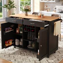 Modern Kitchen Island With Dining Table (102x45x92 Cm) – Multifunctional Kitchen Cabinet & Sideboard With Wood Grain – Black, Large Storage Space - Black - View 1