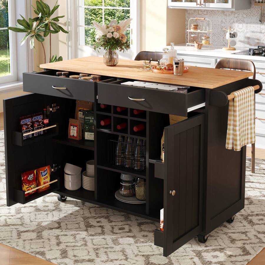 Modern Kitchen Island With Dining Table (102x45x92 Cm) – Multifunctional Kitchen Cabinet & Sideboard With Wood Grain – Black, Large Storage Space - Black - View 1
