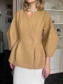 女士优雅驼色羊毛混纺大衣，纯色梭织面料，休闲、晚宴、办公场合皆宜。 - 卡其色 - 查看 4