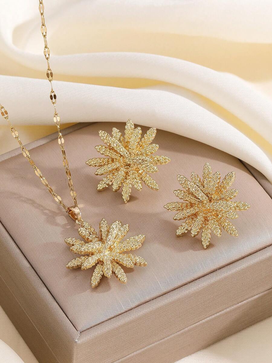 1 Set Stainless Steel Snowflake Necklace & Earrings, Versatile Luxury Rhinestone Personalized Banquet Jewelry Set, Gift, No Gift Box - Gold - View 1