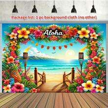 2D Flat Tropical Aloha Beach Backdrop, Hawaiian Tropical Party Decor With Tropical Flowers, Palm Leaves, Pineapple Patterns, Photo Booth, Wedding, Birthday, Luau Theme, Vacation Decor, No Assembly Required