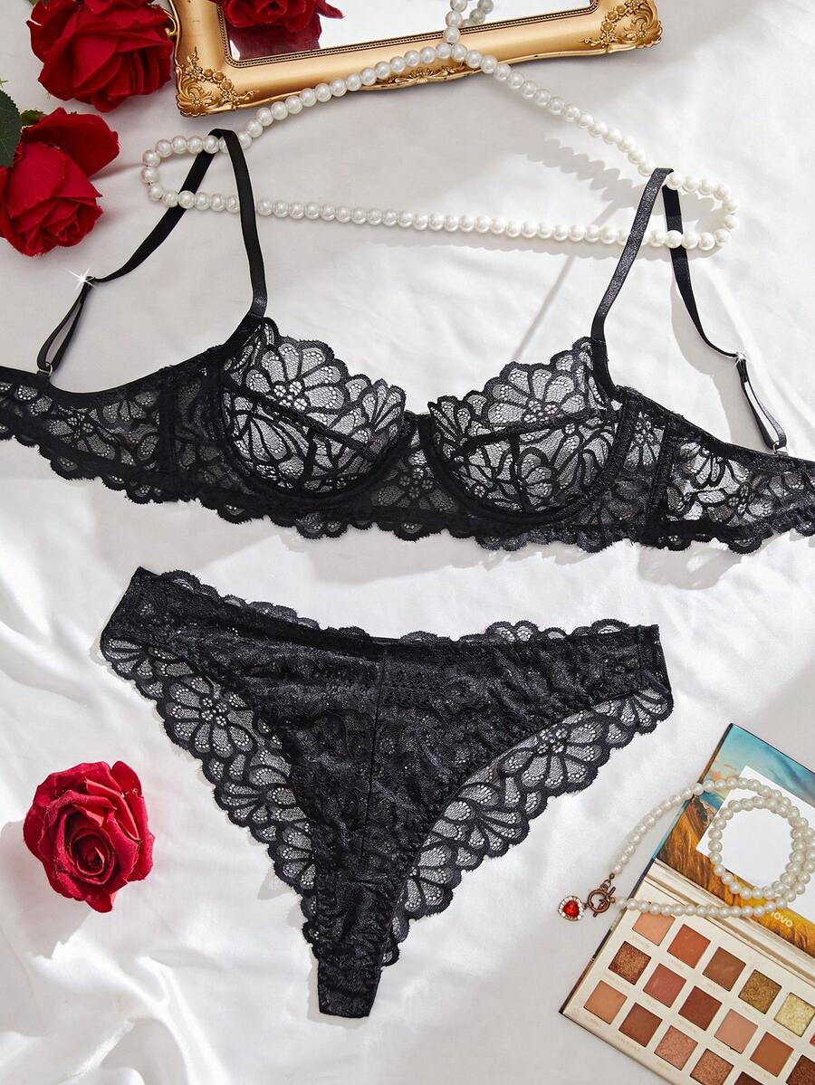 2pcs/Set Women's Sexy Lingerie, Black Lace Floral Bra Set With Adjustable Straps, Sexy Bra, Valentine's Day Gift - Black - View 1