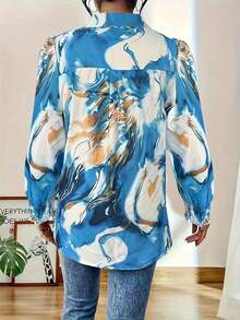 Flowy Watercolor Button Up Shirt Designed For Curves - Blue - View 2