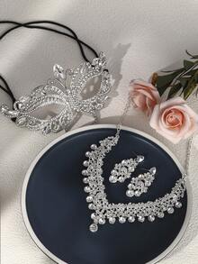4pcs Masquerade Mask Necklace And Earring Set For Women Luxury Rhinestone Elegant Butterfly Design Blindfold For Ball Party - Silver - View 6