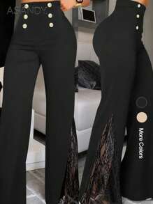 Elegant Double Breasted Lace Patchwork Flared Pants - Black - View 2