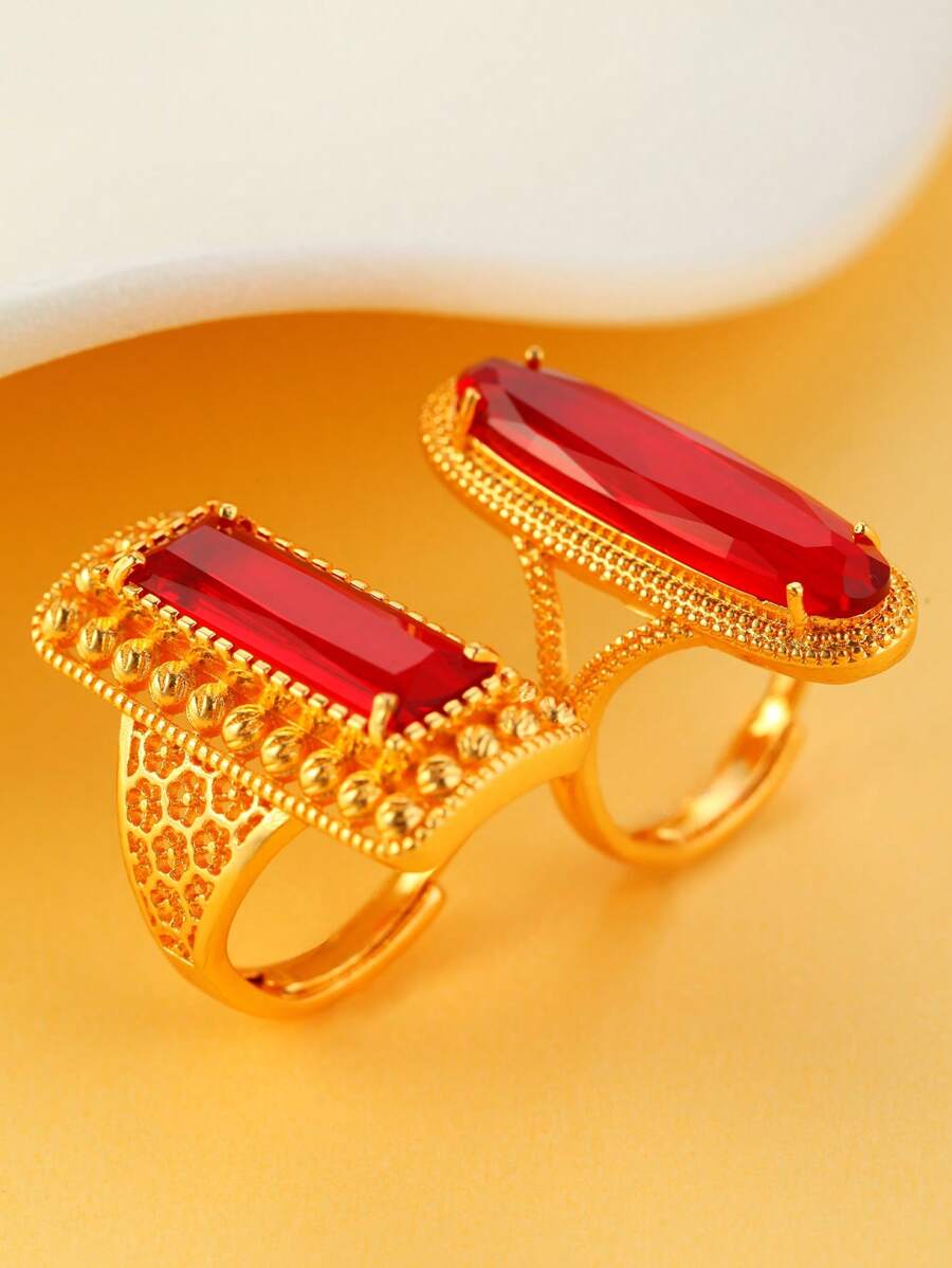 1 pieza Anillo abierto con borde de cuentas calado con estilo de palacio vintage, adecuado para fiestas, bailes, festivales, gran opción de regalo