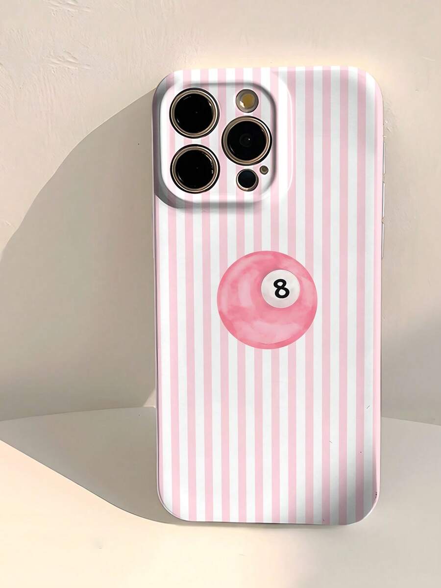 1pc Minimalist Vertical Striped 8-Ball Pattern Glossy Perforated Faux Leather Full Coverage Hard Phone Case Compatible With IPhone 11/12/13/14/15/16 Pro Max - Multicolor - View 1