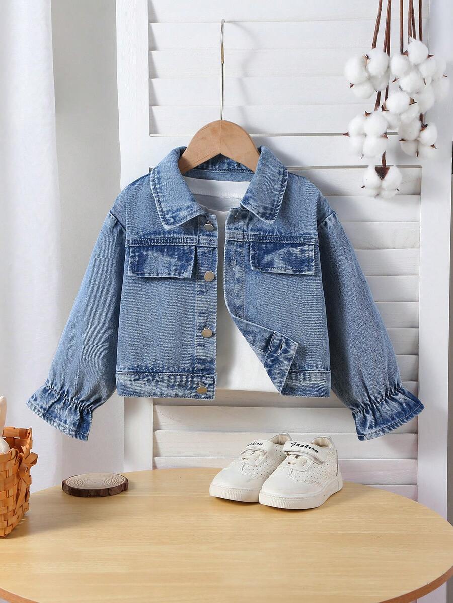 1pc Young Girl' Casual Simple Comfortable Denim Jacket With Lotus Sleeve, Spring/Autumn