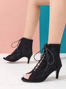 女式中跟镂空网眼优雅舞蹈踝靴，罗马风格镂空系带靴，黑色优雅镂空系带靴 - 黑色 - 查看 2