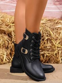 Women's Side Zipper Lace-Up Double Buckle Decor Boots, Solid Color Chunky Heel Short Boots, Preppy Style Side Zipper, Suitable For Autumn/Winter