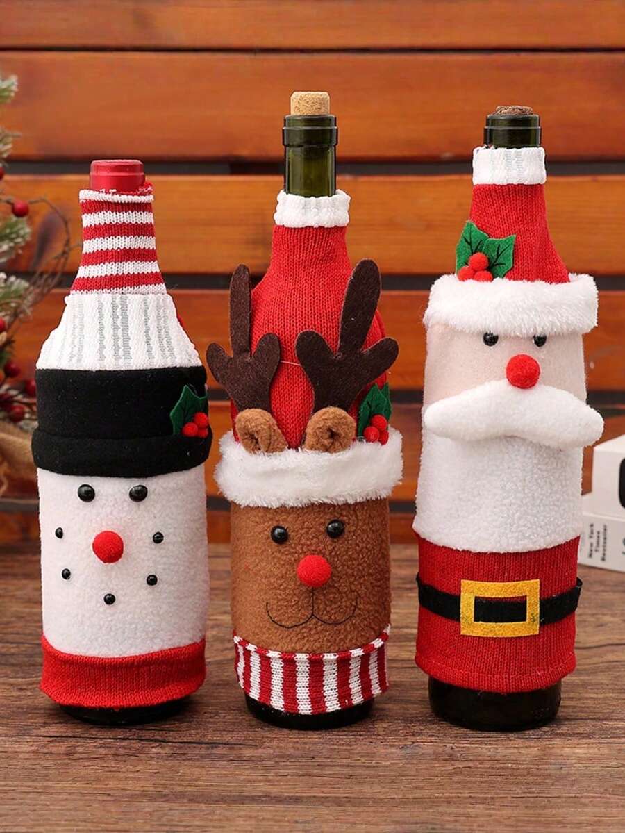 1pc Christmas Decoration Knitted Cartoon Wine Bottle Cover, Creative Plush Santa Claus Wine Bottle Bag