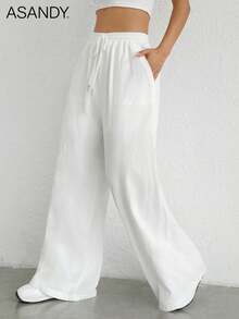 2pcs Set Casual Palazzo Pants, Loose & Slimming Solid Color Drawstring Waist Wide Leg Trousers - White+Green - View 4