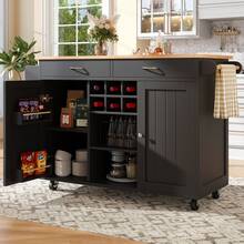 Modern Kitchen Island With Dining Table (102x45x92 Cm) – Multifunctional Kitchen Cabinet & Sideboard With Wood Grain – Black, Large Storage Space - Black - View 2