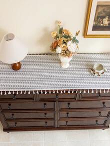 1 buc. Față de masă din dantelă bej, eșarfă pentru șemineu în stil boem, dreptunghiulară, model geometric minimalist, ciucuri bej, potrivită pentru dulapuri, bufete, față de masă lavabilă, decorativă pentru dormitor, bucătărie, sufragerie, petreceri, nunți, evenimente tematice, toate anotimpurile, decor de toamnă