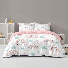 3pcs/Set Cartoon Rainbow, Heart, Smiling Face Cloud, Star Print Bedding Set - 4 Seasons Breathable Polyester Duvet Cover With Zipper Closure, Machine Washable, Includes 1 Duvet Cover And 2 Pillowcases (No Filler Or Pillow Insert), Soft & Cozy Bedroom Linens, Fashionable Bedroom Decor, Creates A Warm Atmosphere