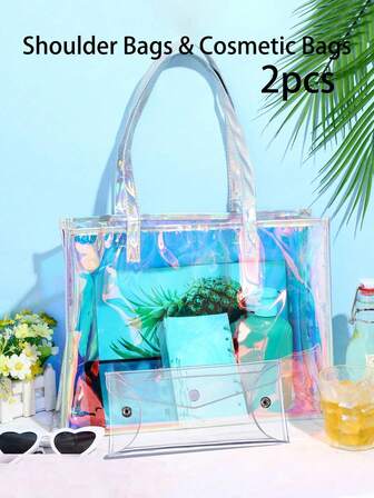 2 piezas Bolsas de tote transparentes de PVC con organizador de brochas de maquillaje a juego, bolsa de playa iridiscente arcoíris, bolsa de tote con doble asa, gran capacidad, reutilizable, boutique, bolsa de hombro duradera para deportes, trabajo, viajes de , estadio, picnic, conciertos, eventos, bolsa transparente para deportes de playa, bolsa de regalo con asa, regalo para mujeres (Debido a la medición manual, el tamaño del producto puede tener un error de 2-3 cm)
