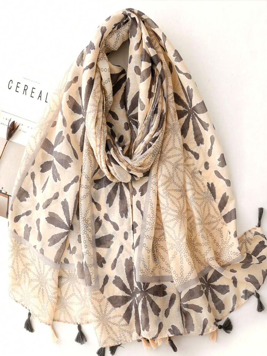1pc New Bohemian Printed Women Scarf, Lightweight Breathable Tassel Shawl, Elegant Style Women Sun Protection Beach Travel Scarf For Dress - Beige - View 1