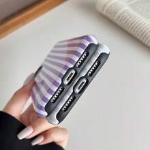 Compatible With IPhone 13 / 14 Case, Fashion Cute Multi-Strip Pattern Aesthetic Design For Women, Soft TPU And Hard Back Shockproof Phone Case For IPhone 16 15 14 13 12 11 Pro Max Plus Compatible With Sam Galaxy A And S Series - Tím và Trắng - Xem 3