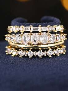 4pcs/Set Minimalist Style Stacking Rings 14k Gold Plated Paved Shining Zirconia Engagement / Wedding Ring Evening Party Decor Luxury Jewelry - Gold - View 2