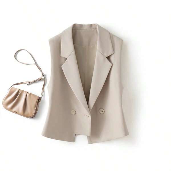 Damen Blazer mit Stehkragen, einfarbig, mit Knöpfen vorne, doppelreihig, mit Bindegürtel, ärmelos, geeignet für Strand und Büro