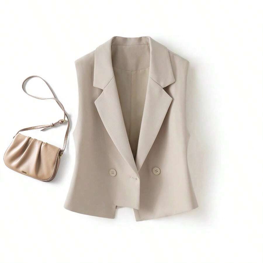 Damen Einfarbige Weste mit Kragen, Knopfleiste und Doppelreiher, ärmellose Büro-Anzugjacke