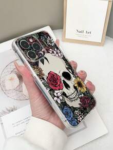 1pc Transparent TPU Anti-Drop Colorful Floral & Skull Pattern Phone Case Compatible With IPhone 15/15Pro/15Plus/15ProMax/16/16Pro/16Plus/16ProMax, Galaxy S23 Ultra/A14/A24, Redmi Note 12 Pro, Pixel 8/8 Pro - Multicolor - View 3