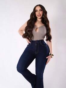 Pantalón vaquero elástico acampanados de alta elasticidad Jeans Ajustados Elásticos para Mujer Cintura Alta, Levanta Glúteos, Denim Mezclilla Para Mujer - Azul - Ver 2
