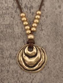 1 pieza Collar largo con colgante de disco ondulado de aleación dorada de estilo minimalista y elegante, collar gargantilla único con cuentas, adecuado para uso diario y como regalo para novia/novio - Cuerda de cera - Ver 2