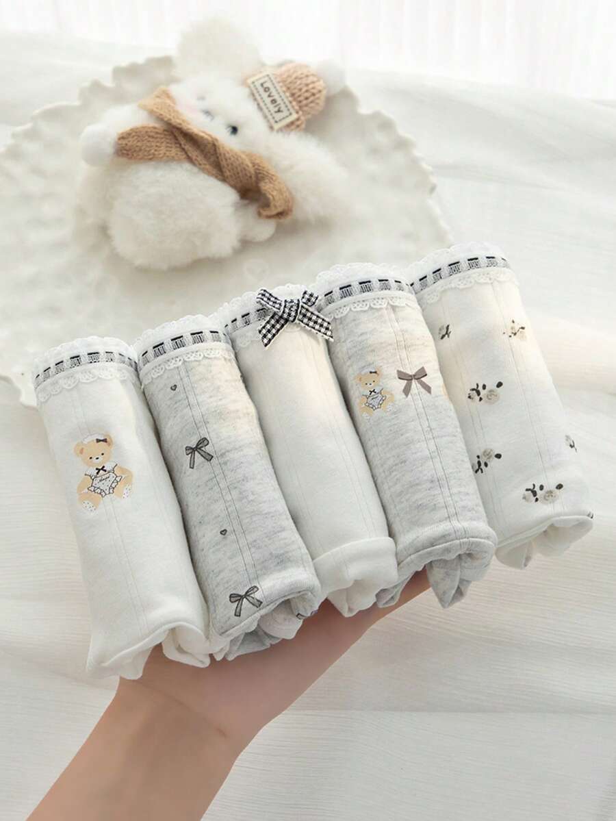 5pcs/Set Cute Bow & Bear Print Hipster Panties For Teens/Young Women - Multicolor - View 1