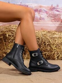 Women's Side Zipper Lace-Up Double Buckle Decor Boots, Solid Color Chunky Heel Short Boots, Preppy Style Side Zipper, Suitable For Autumn/Winter