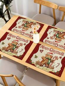 4 Pieces Of Christmas Gingerbread Man PVC Woven Placemats For The Christmas Tree, Reusable And Washable, Farmhouse Winter Christmas Holiday Family Kitchen Table Decoration Placemats.