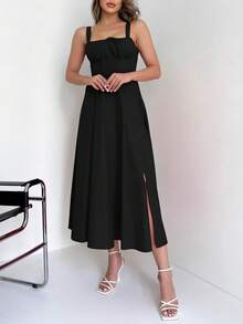 Women's Corset Dress Summer Casual Slit Spaghetti Strap Formal Midi Length Flowy Dress,Party New Year Warm Thermal Christmas Gift - màu đen - Xem 7