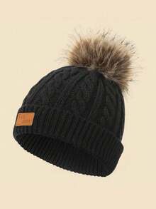 1pc Solid Color Baby Pom Pom Knit Hat With FAS JEANSPU Label, Cable Knit Design, Suitable For Autumn/Winter Daily Warmth And Cold Protection - 1PC - View 13