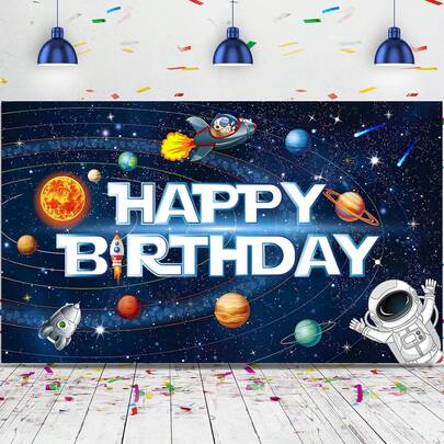 1 Stück Weltraum Happy Birthday Fotografie Hintergrund Astronaut Rakete Kulisse Banner für Kinder Geburtstag Galaxie Planet Party Fotobox Hintergrund