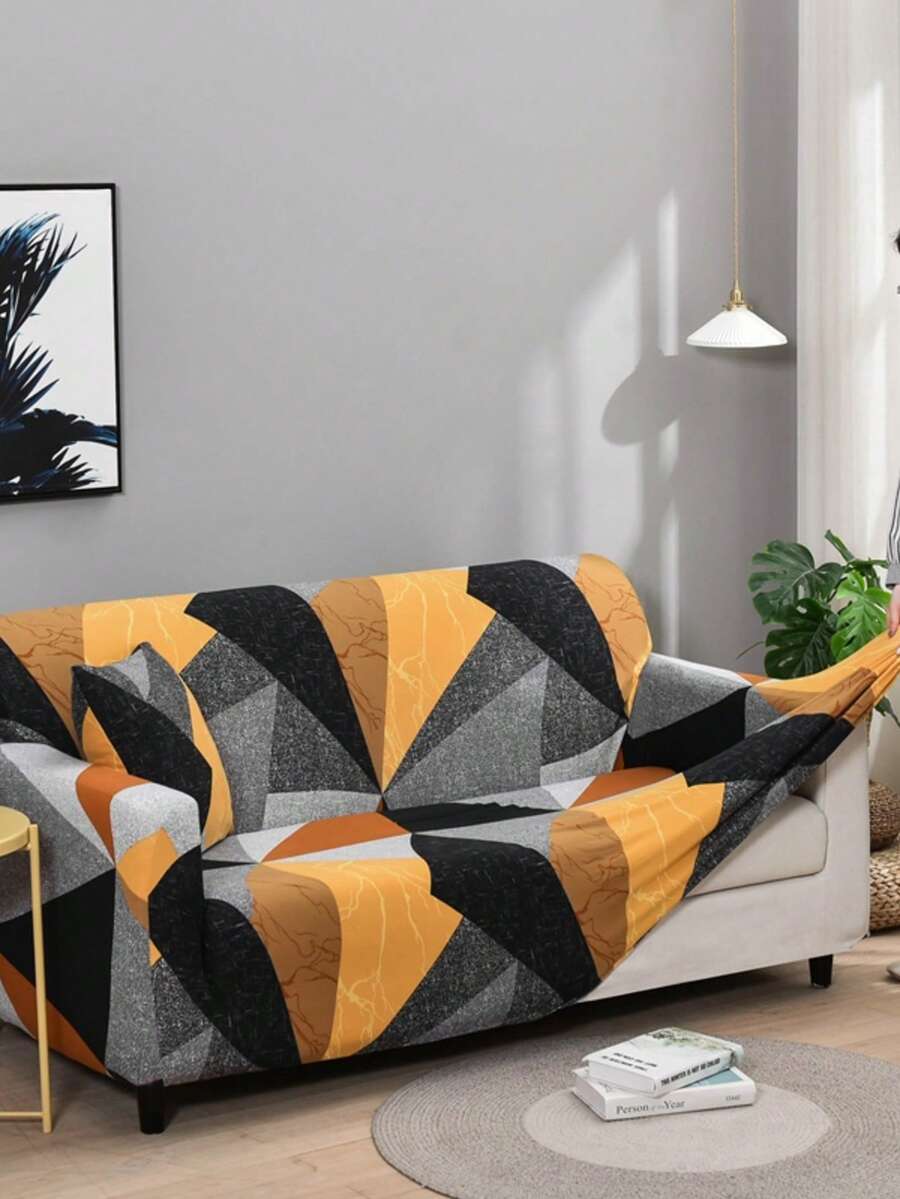1pc Full Coverage Sofa Cover, Modern Style Made Of Polyester Fabric, Machine Washable, Suitable For All Seasons - Triangle Puzzle - View 1