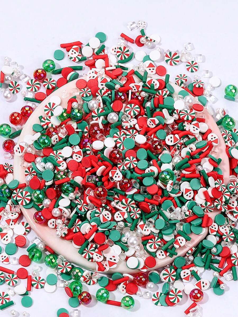 50g/Box zufällig gemischter Mini Weihnachts-Harz-Dekorations-Set, Weihnachts-Schneeflocke Weihnachtsmann Perlen, DIY Feiertags-Party Nagelkunst Dekorations-Accessoires