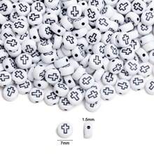 200/600Pcs 6mm Square/7mm Flat Round Acrylic Beads Cross Pattern Beads Loose Spacer Beads For Jewelry Making DIY Bracelets Accessories - Chữ đen trên nền trắng/Oblate - Xem 2
