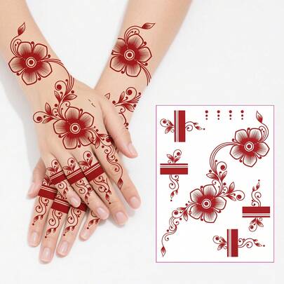 وشم مؤقت بتصميم الحناء قطعة واحدة - سهل النقل بالماء، ملصقات وشم مؤقتة، تدوم لفترة طويلة، للأيدي والأصابع، باللونين البني والبرغندي، مثالي لفن الجسم والمكياج للنساء