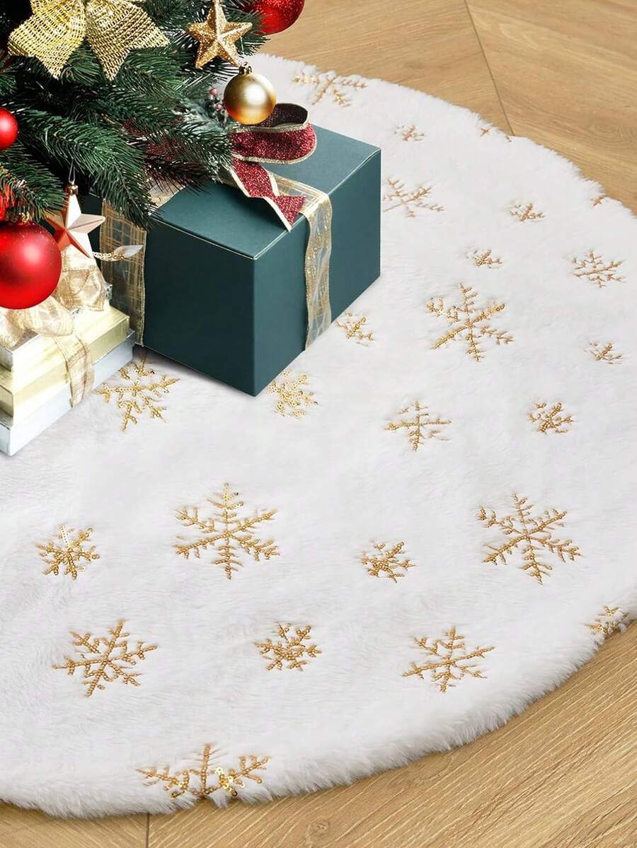 48Inches Christmas Tree Skirt , Holiday Part Decorations For Christmas Tree, White Faux Fur Tree Skirts With Gold Sequin Snowflakes Soft Plush Xmas Tree Decorations - Golden Snowflakes - View 1